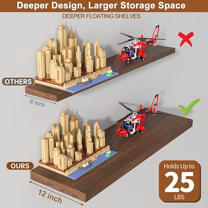 12 Inch Deep Floating Shelves for Wall 1 Pack Floating Shelves Large Storage Space Wall Mount Shelf for Living Room Kitchen Bathroom 24" W x 12" D x 1.2" H Walnut-HomvellaHome