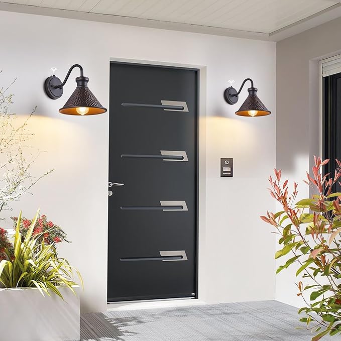 2 Pack Dusk to Dawn Outdoor Wall Light Fixtures Photocell Sensor, Exterior Sconce Light with Cast Hammered Aluminum Shade, Outside Wall Mount Lamp for House Patio Garage Entryway Doorway-HomvellaHome