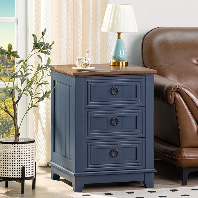 18" Farmhouse Night Stand with 3 Drawers, Wood End Table Dresser for Bedroom, Navy Blue Nightstand, Bed Side Table with Metal Handle, Bedside Cabinet for Bedroom Living Room, Closet-HomvellaHome