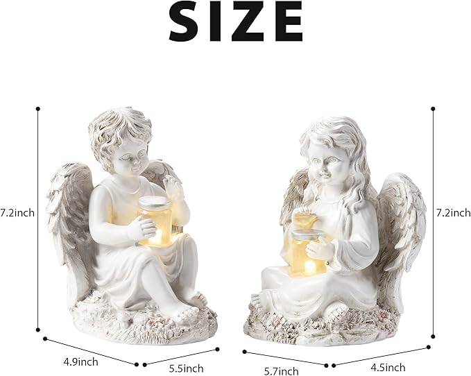 2 Pack Outdoor Angel Statue Garden Decor, Classic Solar Angel Figurine Decoration for Yard Art Indoor Porch Home Lawn Outside Light up Cherub Sculpture Guardian Wings Memorial Gifts-HomvellaHome