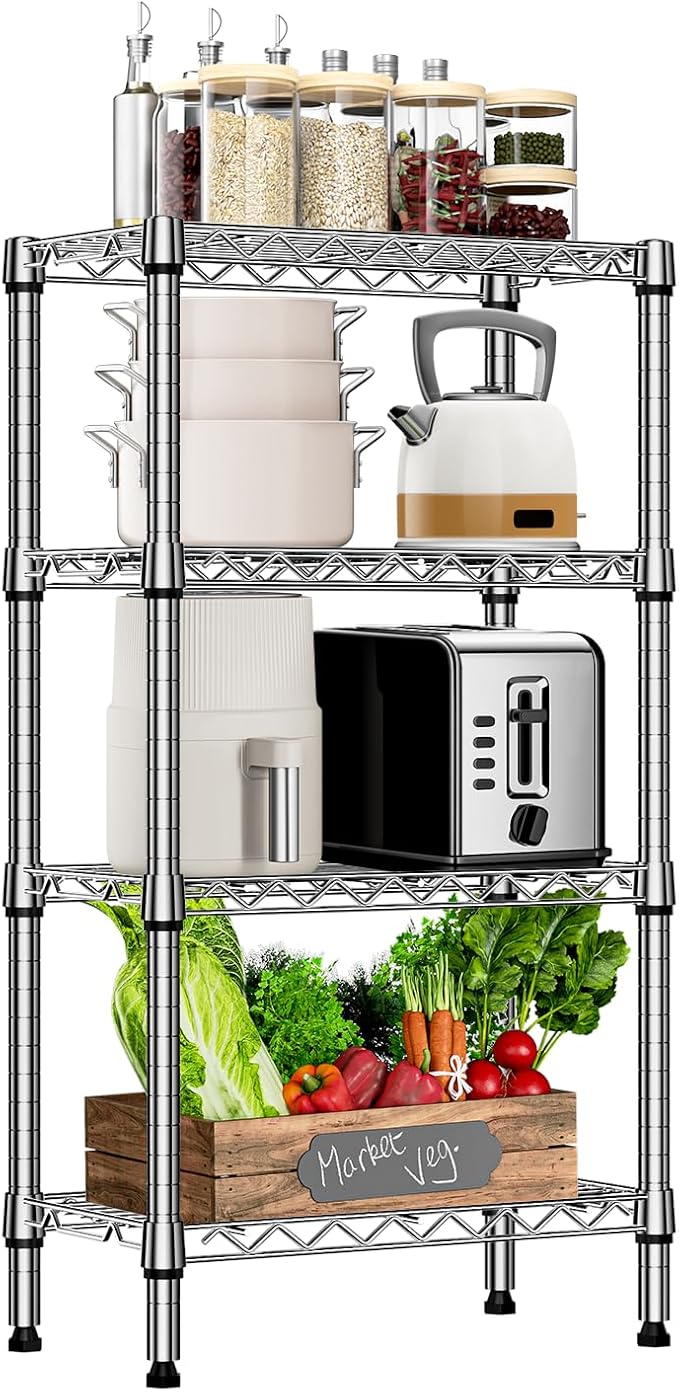 1000 lbs 4 Tier Shelf Metal Storage Shelves Wire Rack Closet Organizers with PP Board for Garage Kitchen Bathroom Laundry Chrome 11.8" D x 21.7" W x 39.5" H-HomvellaHome