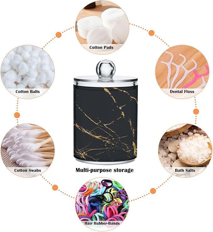 2 Pack Qtip Holder Organizer Dispenser Gold Black Marble Texture Bathroom Storage Canister Cotton Ball Holder Container for Cotton Pads/Swabs/Floss-HomvellaHome