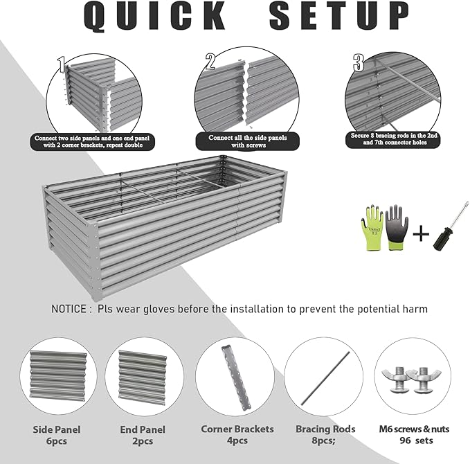 1 Pack 8x3x2FT Galvanized Raised Garden Bed Kit Retangular Metal Ground Planter Box Outdoor Bottomless Planter Raised Beds for Vegetables Flowers Herbs Fruits, Gray-HomvellaHome