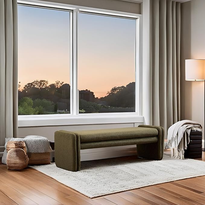 Green Boucle Bench 50" Sherpa End of Bed Bench Modern Upholstered Bench for Bedroom Entryway Living Room Vanity Makeup Room, Teddy Fabric Bench with Seating-HomvellaHome