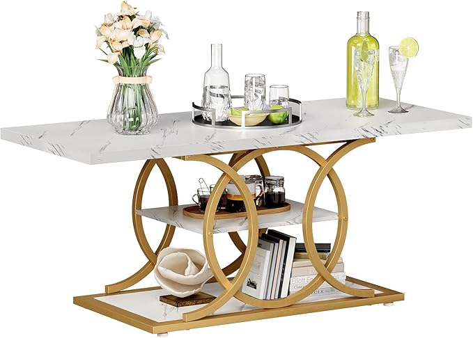 GiftGo Rustic Coffee Table with Storage Modern 3 Tier Center Living Room Table Faux Marble Wooden Rectangle Cocktail Tea Table for Office Bedroom Elegant Full Moon Design (White Gold, L-47)-HomvellaHome