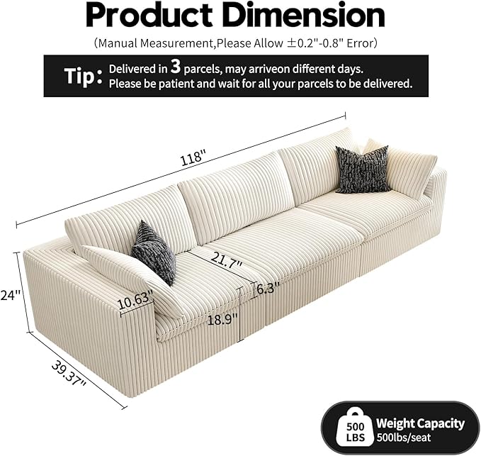 118" Cloud Couch Modular Sectional Sofa for Living Room,Modern Sofa with Deep Seat，3 Seater Boneless Couch,Comfy Upholstered Corduroy Couches for Apartment, Studio, Office,Bedroom，White-HomvellaHome