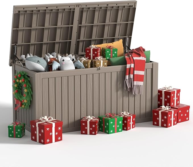 182 Gallon Deck Box Waterproof, UV Resistant Resin Outdoor Storage Box with Hydraulic Rod, Lockable Design and Enhanced Durability for Patio, Garden, and Poolside Use-HomvellaHome