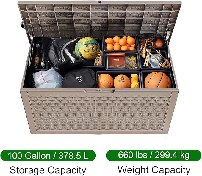 100 Gallon Outdoor Deck Box,Storage Lockable Waterproof Patio Furniture,Garden Tools,Cushions,Pool Accessories Outside Storage Resin Box(Grey)-HomvellaHome