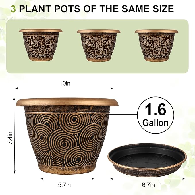 10 Inch Flower Pots Planters for Indoor Outdoor Plants, 3 Pack Plastic Large Plant Pots with Drainage Hole & Tray, Modern Decorative Garden Pot with Saucer, Plant Container for House-HomvellaHome