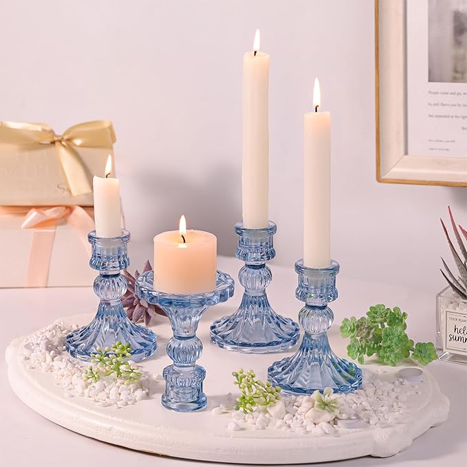 12PCS Blue Candlestick Holders Set- 4" H Taper Candle Holders, Glass Candle Holders Bulk for Wedding, Party, Home Table Centerpieces, Festival Gifts & Windowsill Decor-HomvellaHome