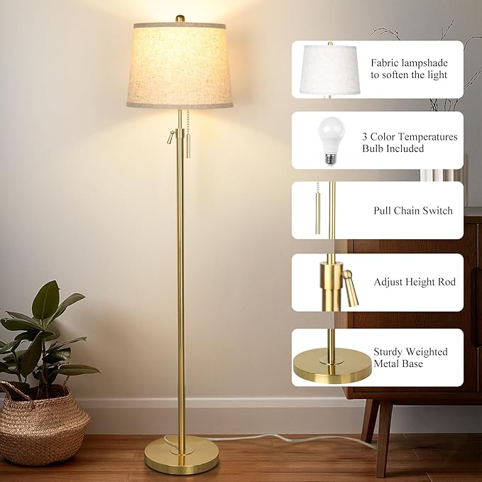 Gold Floor Lamp for Living Room 55-65" Adjustable Modern Brass Standing Lamp with Pull Chain Tall Pole Light with Beige Shade for Bedroom Reading Office Corner Nursery 9W LED Bulb Included 3 ColorTemp-HomvellaHome