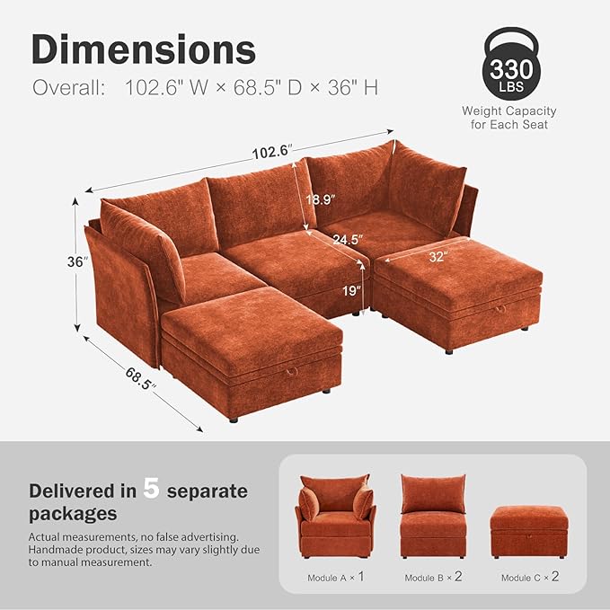 102.6" U Shaped Modular Sectional Sofa, 5 Seater Couch with Storage Ottoman Deep Seat and High Backrest with Removable Cover for Living Room, Apartment - Chenille Terracotta Orange-HomvellaHome