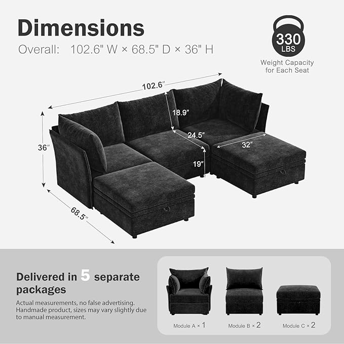 102.6" U Shaped Modular Sectional Sofa, 5 Seater Couch with Storage Ottoman Deep Seat and High Backrest with Removable Cover for Living Room, Apartment - Chenille Black-HomvellaHome