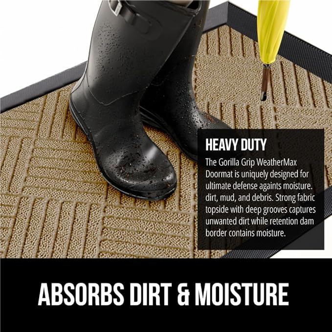 GORILLA GRIP 100% Waterproof All-Season WeatherMax Doormat US Designed Natural Rubber, Stain and Fade Resistant, Low Profile Indoor Outdoor Door Mats, Easy Clean Patio Mat, 23x35, Beige Diamond-HomvellaHome