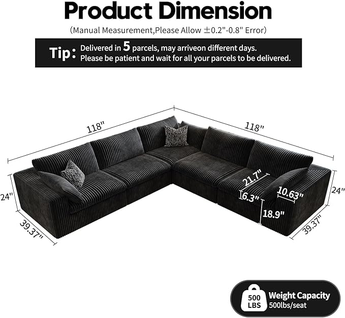 118" Cloud Couch Oversized Modular Sectional Sofa for Living Room,Modern Sofa with Deep Seat，V Shaped Boneless Couch,Comfy Upholstered Corduroy Couches for Apartment, Studio, Office,Bedroom，Black-HomvellaHome