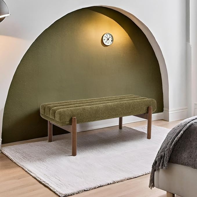 Green Upholstered Bench Modern End of Bed Bench Chenille Fabric Bedroom Bench for Entryway Living Room Vanity Makeup Room, 47" Long, Wooden Legs-HomvellaHome