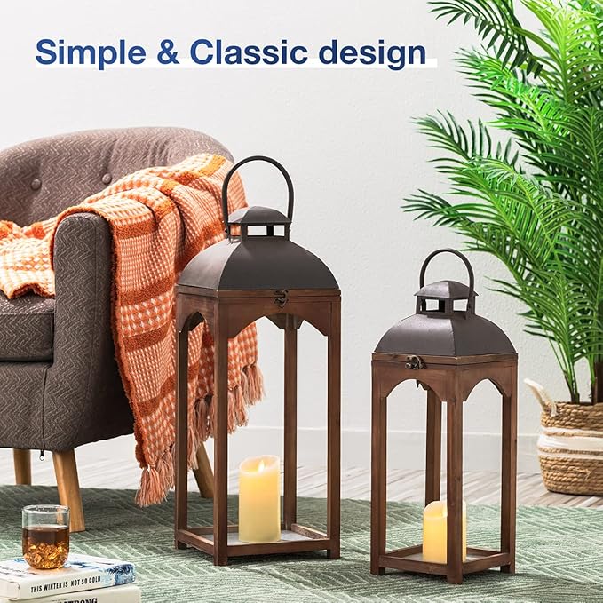 Glitzhome Set of 2 Mondern Farmhouse Wooden Lantern Hanging Decorative Candle Lanterns for Outdoor & Indoor Brown (No Glass)-HomvellaHome