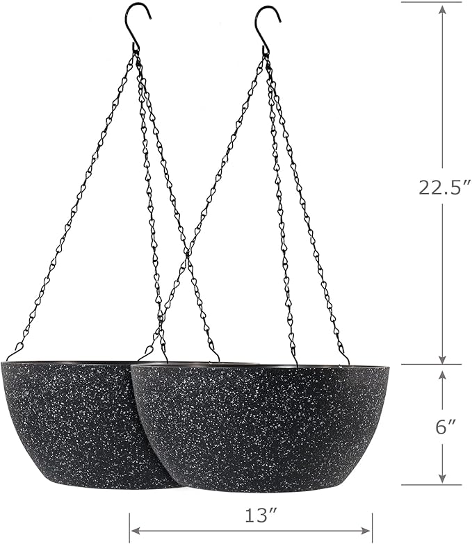 13 inch Large Hanging Planters Plant Pots for Outdoor Indoor Plants with Drainage Holes and Chain, 2 Pack Round Hanging Flower Pots for Garden Home Porch Decor, Speckled Black-HomvellaHome