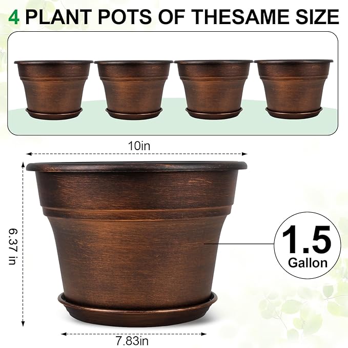 10 Inch Planters Plant Pots Indoor Outdoor, 4 Pack Plastic Flower Pot for Indoor Plants with Drainage Holes & Trays, Resin Decorative Container Sets with Saucer for House Garden Copper-HomvellaHome