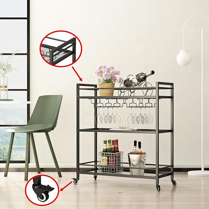 Glass Black Bar Carts for Home with Hanging Wine Rack - Home Bar Serving Cart with 3 Mirrored Shelves, Kitchen Bar Carts, Wine Cart for Entertaining, Club Party.-HomvellaHome