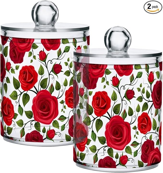 2 Pack Qtip Holder Dispenser Red Rose Flowers Bathroom Storage Canister Lid Acrylic Plastic Apothecary Jar Set Vanity Makeup Organizer for Cotton Swab/Ball/Round Pads, Floss-HomvellaHome