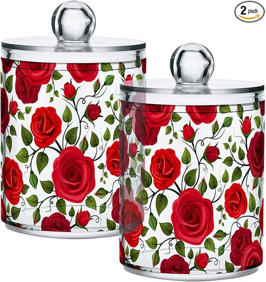 2 Pack Qtip Holder Dispenser Red Rose Flowers Bathroom Storage Canister Lid Acrylic Plastic Apothecary Jar Set Vanity Makeup Organizer for Cotton Swab/Ball/Round Pads, Floss-HomvellaHome