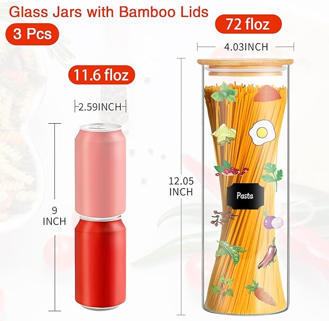 Glass Jars with Bamboo Lids, 72oz 3Pcs Kitchen Glass Containers with Bamboo Lids, Airtight Glass Pantry Storage Containers with Lids for Spaghetti, Pasta, Rice, Nuts, Flour, Bean, Dry Foods-HomvellaHome