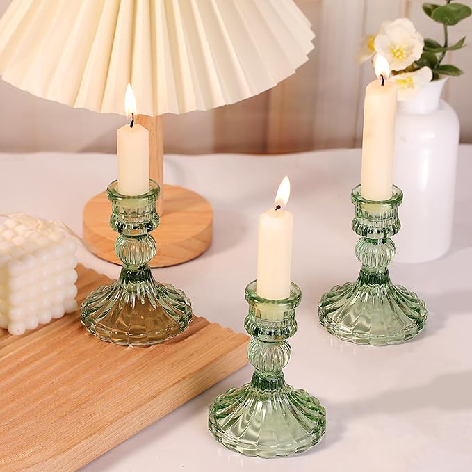12PCS Green Candlestick Holders Set- 4" H Taper Candle Holders, Glass Candle Holders Bulk for Wedding, Party, Home Table Centerpieces, Festival Gifts & Windowsill Decor-HomvellaHome