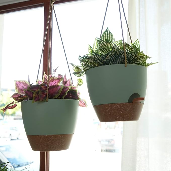 10 Inch Self Watering Hanging Pots, 2 Pack Hanging Planters with 40oZ Deep Reservior for Indoor Outdoor Plants Flowers, Green with Brown-HomvellaHome