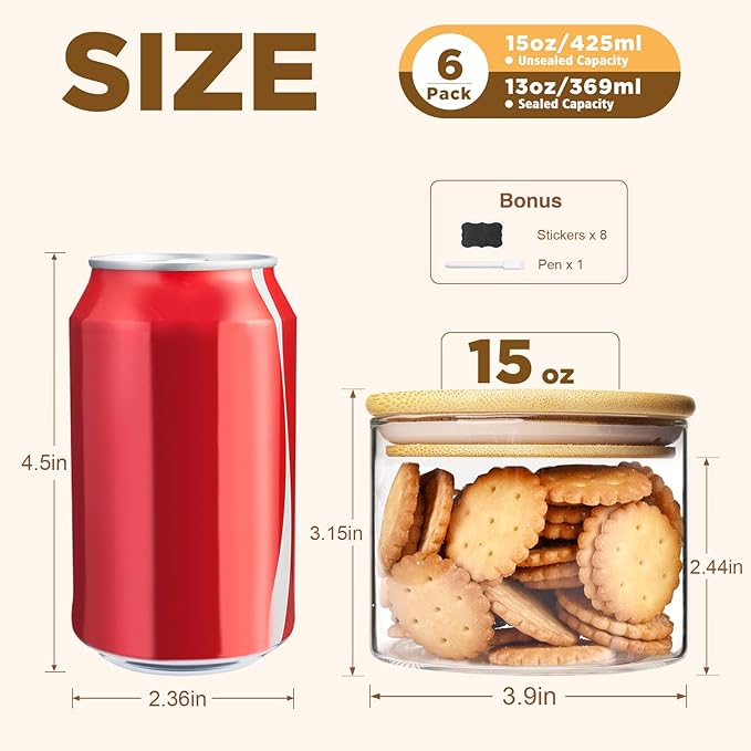 15oz Glass Food Storage Jars, Glass Jars with Bamboo Lids, Kitchen Storage Jars, Set of 6, Canisters with Airtight Lids for Spice, Coffee, Cookie, Pantry Organizers-HomvellaHome