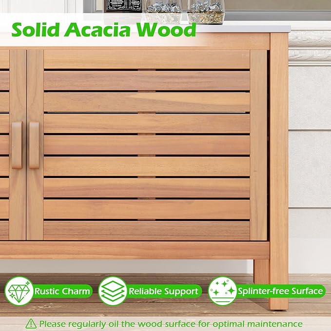 Goplus Patio Storage Cabinet, 2-Door Acacia Wood Storage Container with Faux Marble Top, Outdoor Wooden Sideboard for Deck, Garden, Lawn and Backyard-HomvellaHome