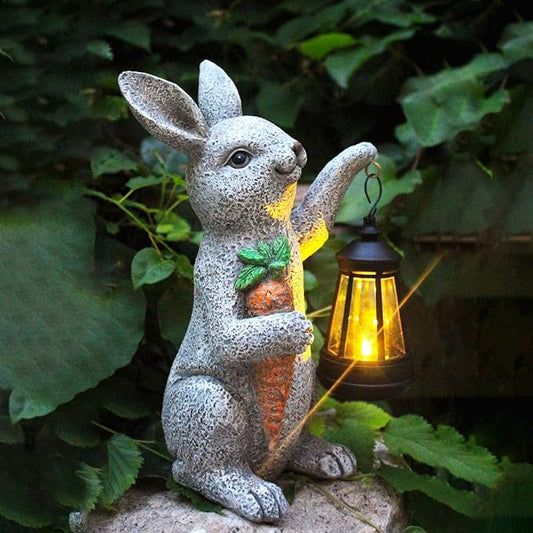 Garden Statues Rabbit Solar Lantern Outdoor Handmade Resin Statue Bunny with Cute Carrot for Patio, Yard,Mother's Day Gift Ideas (rabbit1)-HomvellaHome