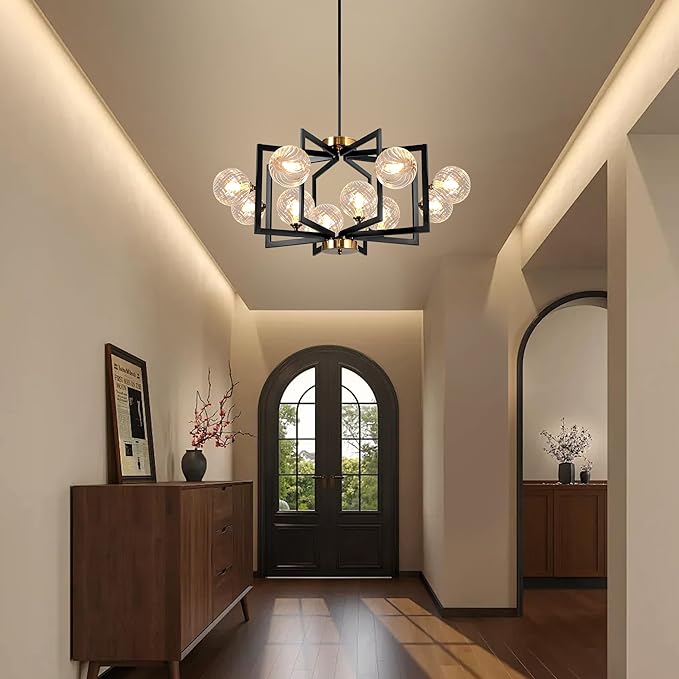 12 Light Black Farmhouse Chandelier Geometric Metal Dining Room Light Fixture Height Adjustable Black Chandeliers for Dining Room Clear Glass Farmhouse Industrial Pendant Lights for Bedroom, Entryway-HomvellaHome