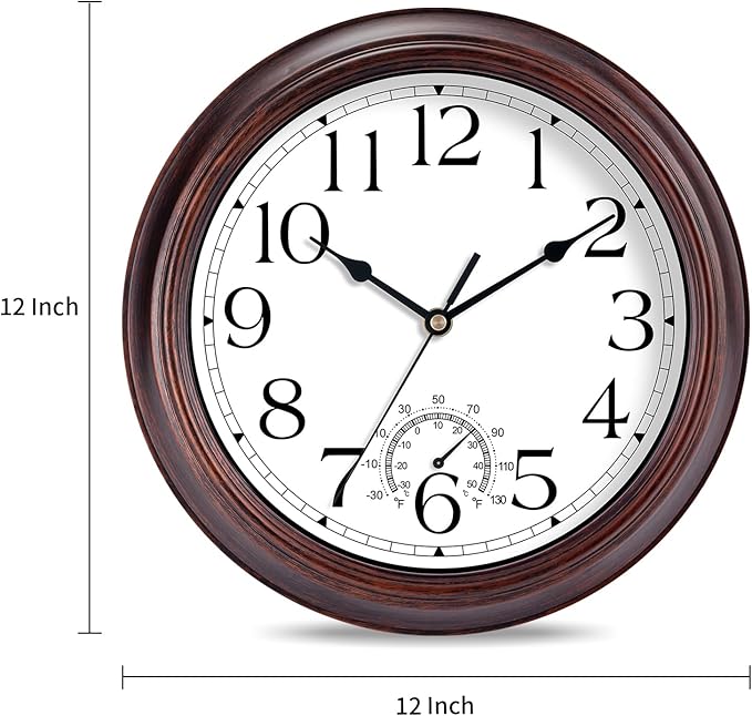 12 Inch Outdoor Wall Clock with Thermometers, Vintage Silent Wall Clocks Battery Operated, Retro Non-Ticking Clock Decorative for Living Room, Patio, Kitchen, Office, Bathroom, Bedroom(Bronze)-HomvellaHome