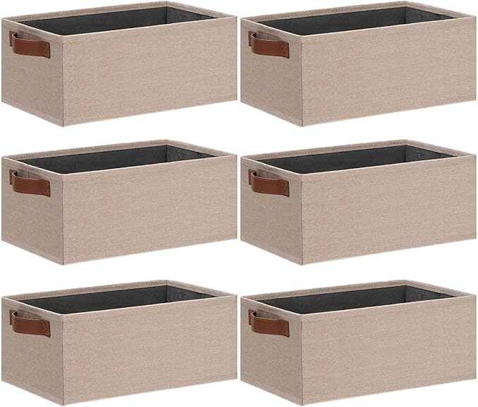 GhvyenntteS Small Fabric Storage Bins 6 Pack, 11.8" x 7.87" x 5.11" Storage Basket with Leather Handles, Closet Storage Bins for Shelves, Storage Baskets for Shelves, DVD Storage (Beige Yellow)-HomvellaHome