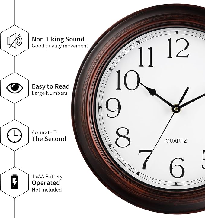 12 Inch Wall Clocks Battery Operated Silent Non-Ticking Wall Clock Vintage Retro Rustic Style Decorative for Living Room Kitchen (Bronze)-HomvellaHome