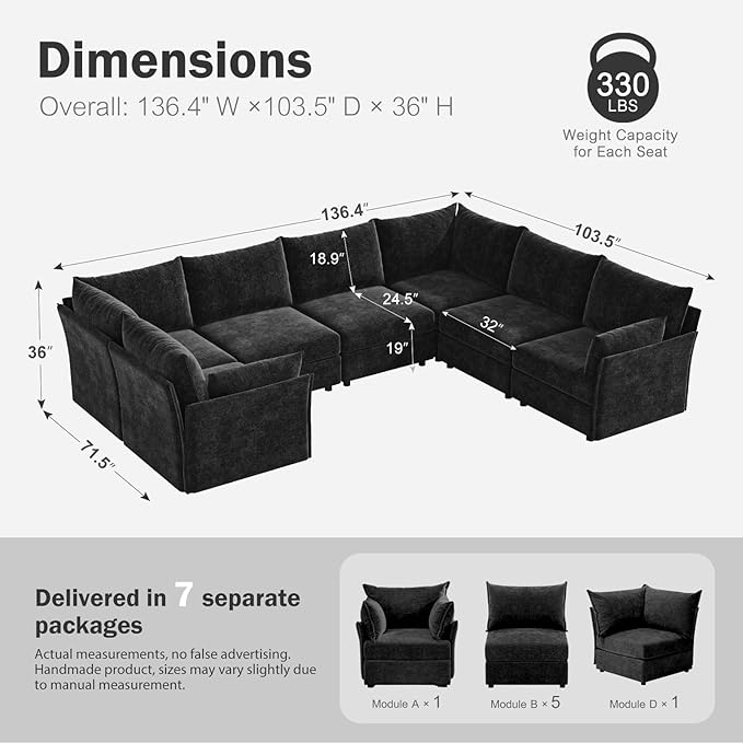 136.4" Oversized Modular Sectional Sofa, U Shaped Convertible Couch with Movable Ottoman, Large 7 Seat Corner Couches for Living Room Deep Seat Black Chenille-HomvellaHome
