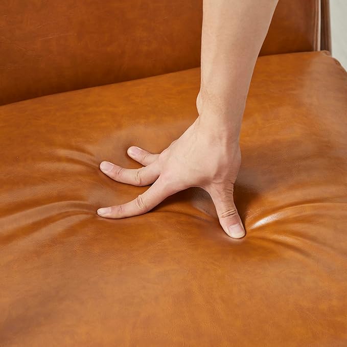 Glitzhome 2 Set Mid Century Yellowish Brown Accent Armchair, Single Reading Armchair PU Leather Lounge Chair with Walnut Ruberwood Frame-HomvellaHome