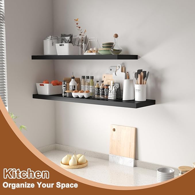 12 Inch Deep Floating Shelves for Wall 3 Pack Floating Shelves Large Storage Space Wall Mount Shelf for Living Room Kitchen Bathroom 36" W x 12" D x 1.2" H Black-HomvellaHome