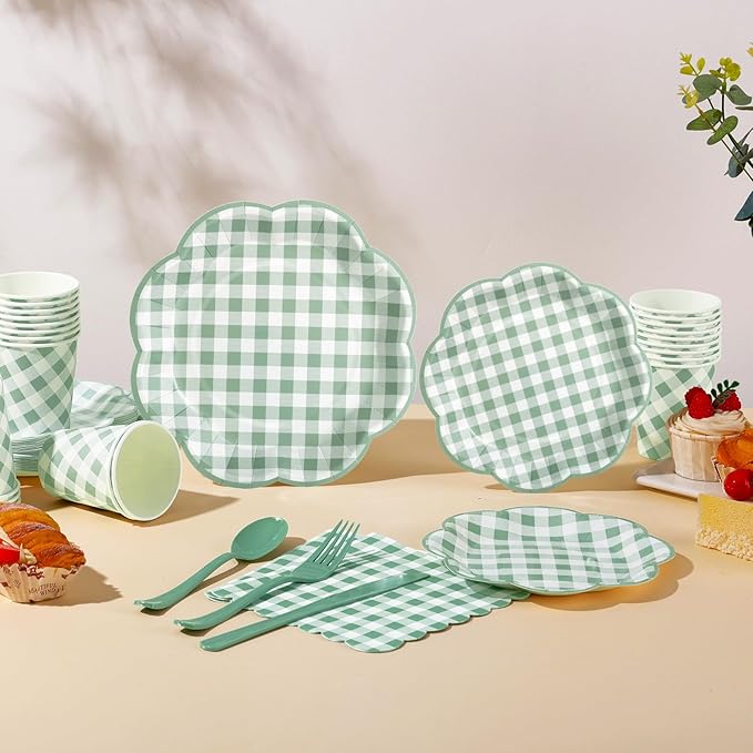 175 Pcs Sage Green Gingham Paper Plates and Napkins Party Supplies - Sage Green and White Checkered Plates Scalloped Plaid Plate for Birthday Dinner Picnic BBQ Party Decorations, Serve 25 Guests-HomvellaHome