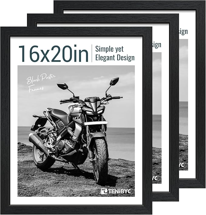 16x20 Picture Frame Set of 3 - Black Woodgrain, Solid Wood, HD Tempered Glass, Wall Gallery Poster Frame-HomvellaHome