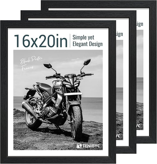16x20 Picture Frame Set of 3 - Black Woodgrain, Solid Wood, HD Tempered Glass, Wall Gallery Poster Frame-HomvellaHome