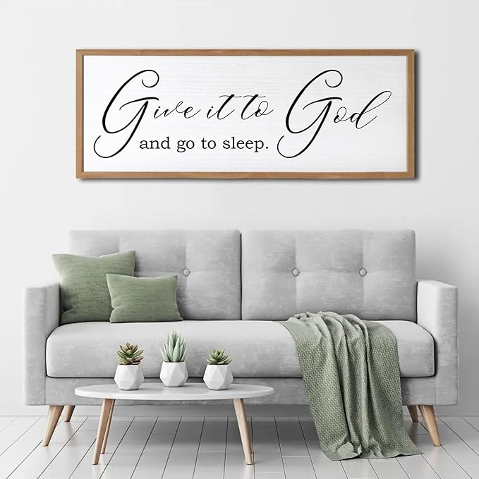 Give It To God And Go To Sleep Sign Wall Decor 40x15 Inch Large Farmhouse Master Bedroom Above Bed Hanging Wall Art Rustic Guest Room Wood Framed Over Bed Wall Decoration (Wood White)-HomvellaHome