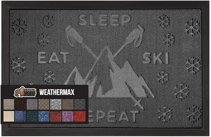 GORILLA GRIP 100% Waterproof All-Season WeatherMax Doormat, US Designed Natural Rubber, Stain and Fade Resistant, Low Profile Indoor Outdoor Door Mats, Easy Clean Patio Mat, 17x29, Graphite Skiing-HomvellaHome