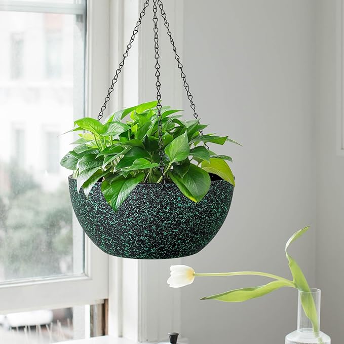 10inch Hanging Planters for Outdoor Indoor Plants with Drainage Holes and Chain, 2 Pack Round Hanging Flower Pots for Garden Home Porch Decor, Black with Green Speckles-HomvellaHome