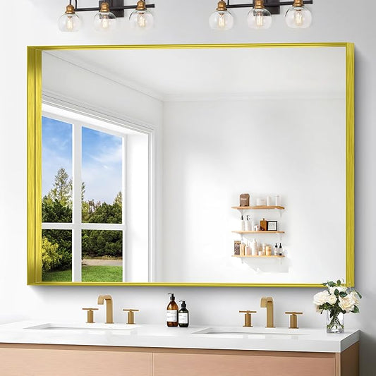 Gold Bathroom Mirror, 36x48 Inch Rectangular Framed Mirror, Large Wall Mounted Bathroom Vanity Mirror Over Sink for Bedroom,Restroom, Living Room, Hangs Vertically or Horizontally-HomvellaHome