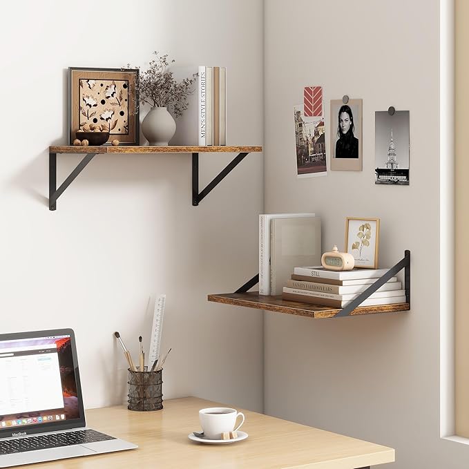 18"W x12"D Floating Shelves, Farmhouse Wall Shelves Home Decor Shelf, Deep Bathroom Shelf with Bracket, 12 Inch Deep Wall Shelves for Living Room, Kitchen, Bedroom, Rustic Brown, Set of 2-HomvellaHome