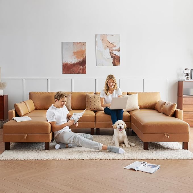 128'' Sleeper Couch, Large Sofa Bed with Storage, Faux Leather 8 Seater Sofa, Mid Century Modern Couch Sofa for Living Room, Guest Room, House, Apartment, Office, Loft, Tan-HomvellaHome