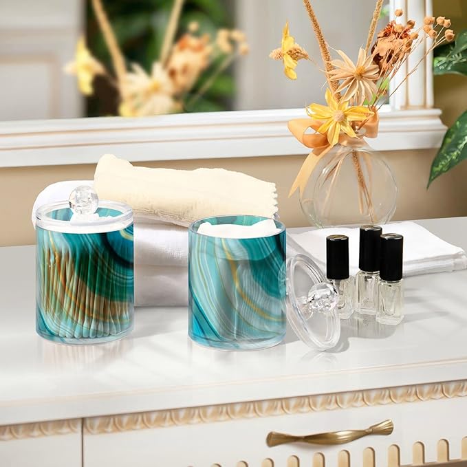 2 Pack Qtip Holder Dispenser Teal Turquoise Blue Marble Bathroom Storage Canister Lid Acrylic Plastic Apothecary Jar Set Vanity Makeup Organizer for Cotton Swab/Ball/Round Pads, Floss-HomvellaHome