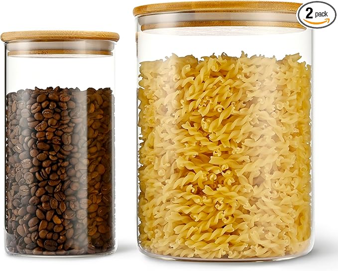 108oz 42oz Straight cylindrical Airtight Storage Jars with Bamboo Lid Set of 2 Large Storage Container Gallon Glass Jars, for Flour, Pasta and Coffee bean (with Black Lable)-HomvellaHome